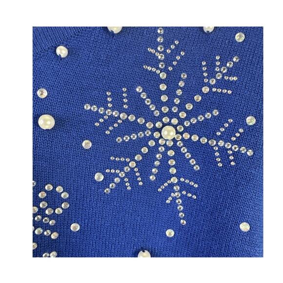 Quacker Factory Royal Blue Silver Snowflake Christmas Holiday Long Sleeve Top M - Picture 5 of 9